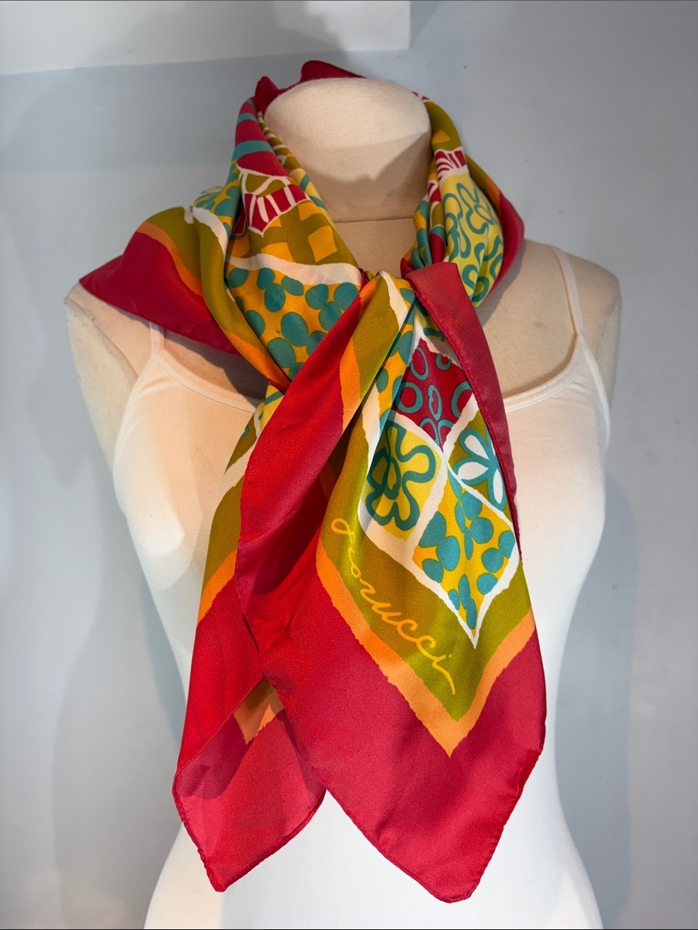 Vintage Fiorucci 1980s Multicolour Floral Geometric Satin Square Scarf